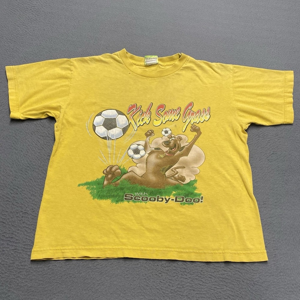 VTG Scooby-Doo Shirt Kids 12-14 Yellow Kick Some Grass Soccer Graphic Y2k